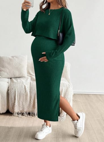 BLENCOT Maternity 2 Piece Outfits Ribbed Knit Crop Top Midi Skirt Set - color: Blackish Green, size: Small