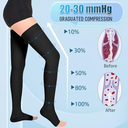 Athbavib 20-30 mmHg Thigh High Compression Stockings for Women Men - color: Open Toe-Black, size: Large