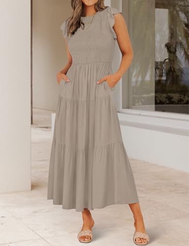 ZESICA Women's 2026 Summer Casual Flutter Short Sleeve Smocked Midi Dress - color: Light Khaki, size: XX-Large