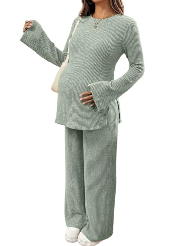 BLENCOT Maternity 2 Piece Outfits Ribbed Knit Long Sleeve Sets - color: Green, size: Medium
