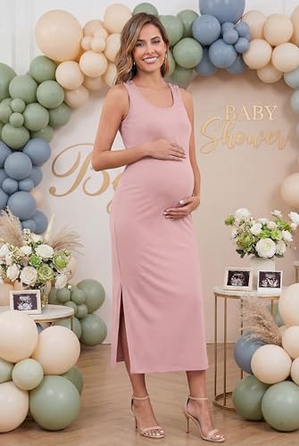 OUGES Womens 2026 Summer Maternity Nursing Dress Split Midi Sleeveless Breastfeeding Dress Scoop Neck Pregnancy Clothes - color: Pink, size: Medium