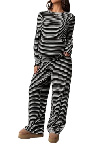 BLENCOT Maternity 2 Piece Outfits Striped Long Sleeve Pregnancy Set - color: Black, size: Medium