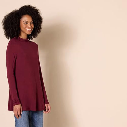 Amazon Essentials Women's Jersey Long-Sleeve Mock Neck Swing Tunic Top, Relaxed Fit Pullover - color: Dark Burgundy, size: Large