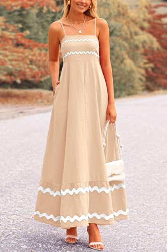 PRETTYGARDEN Women's Summer Spaghetti Strap Boho Maxi Dress - color: Beige, size: Small