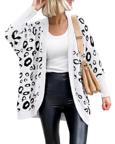 BTFBM Leopard Cardigan for Women Knit Fall Fashion Clothes - color: White, size: X-Large