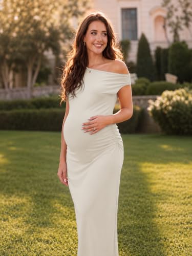 guruixu One Shoulder Maternity Wedding Guest Dress, Summer Bodycon Maxi - color: Apricot, size: Large