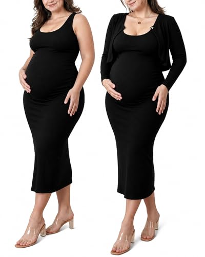 2 Piece Baby Shower Maternity Dress & Cardigan Set for Women - color: Black, size: Medium