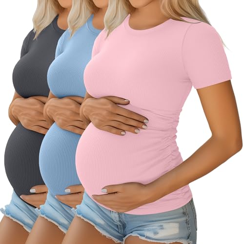 Ficerd 3 Pack Women's Short Sleeve Maternity Shirts - color: Pure Dark Gray, Sky Blue, Light Pink, size: Medium