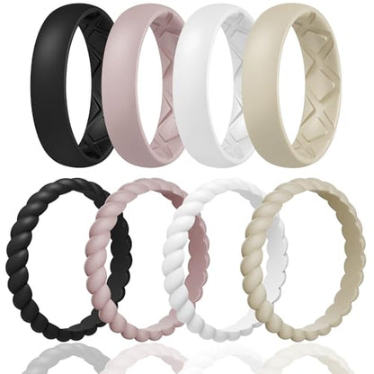 Egnaro Women's Stackable Silicone Rings, 2.5/5.5mm Wide 1.8/2mm Thick Bands - color: SETD4-Royal Black, Bright Peach, Princess White, Cream Beige, Cloudy Pink