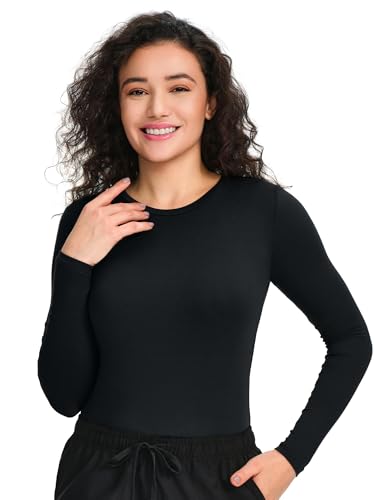 COZYFIT Underscrub Long Sleeve Women, Scrubs Undershirts, High Crew Neck - color: Black, size: Medium