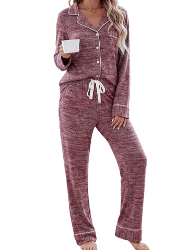Leikar Button Up Pajama Set For Women Long Sleeve Shirt And Pajama Pants Soft Pjs Lounge Sets - color: A-thickened Red, size: Medium