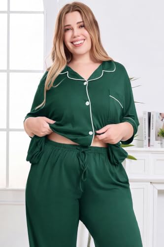 Women Plus Size Button Down Pajamas Long Pants Lounge Sets PJS - color: Dark Green, size: 3X-Large