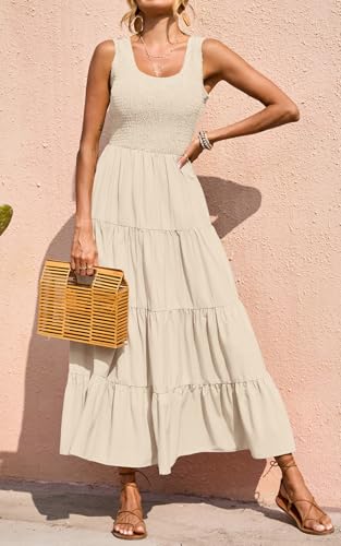 PRETTYGARDEN Women's Smocked Tank Casual Plain Maxi Sundress with Pockets - color: Apricot, size: Medium