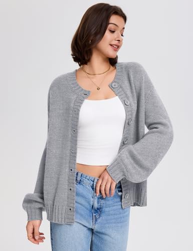 LOMON Womens Chunky Knit Cardigan Oversized Button Front Trend Sweater Tops - color: Light Gray, size: Large