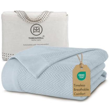 Threadmill Luxury 100% Cotton Twin Herringbone Blanket, Light Blue - color: Light Blue, size: Twin (68" x 92")