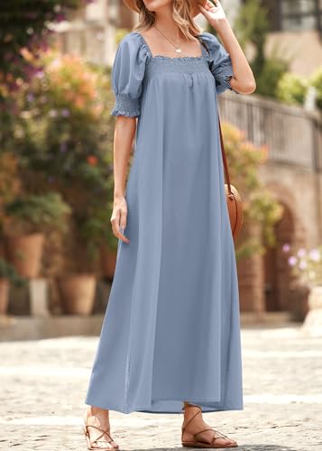 KIRUNDO Women Summer Maxi Dress Puff Sleeve Long Dresses - color: Blue Grey, size: Large