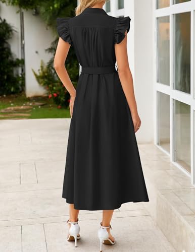 ZESICA Womens Summer Button Midi Dress Casual Work Dresses - color: Black, size: X-Large