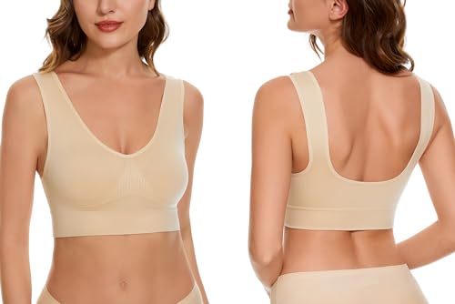 Women's Wireless Sleep Bras Unpadded Seamless Comfort Bras Throw-on Wirefree Bralettes 3 Pack - color: 1*beige, size: Medium