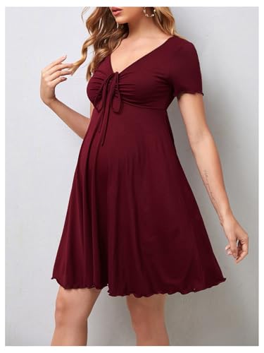 OYOANGLE Women's Maternity Tie Front V Neck Short Dresses - color: Burgundy, size: XX-Large