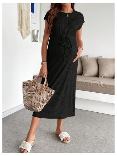 OYOANGLE Women's Maternity Summer Casual Short Sleeve Long Midi Dress - color: Black, size: Medium
