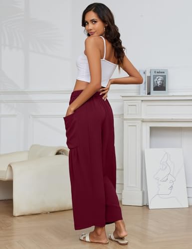 Flygo Women's Flowy Drawstring Wide Leg Pants with Side Pockets - color: Burgundy, size: XX-Large