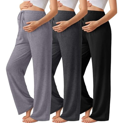 3 Pack Maternity Wide Leg Pants Pregnancy Pants - color: Light Gray, Dark Gray, Black, size: Small