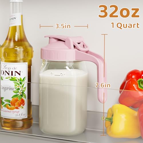 32 oz Breast Milk Pitcher, Glass Mason Jar Pitcher with Lid - color: Pink, size: 32 Ounces