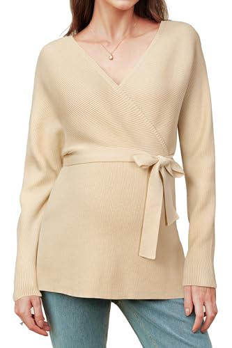 OUGES Womens Soft Cotton Blend Maternity Sweater Wrap V Neck Long Sleeve V Back Fall Shirts Pregnancy Outfits with Belt - color: Apricot, size: X-Large