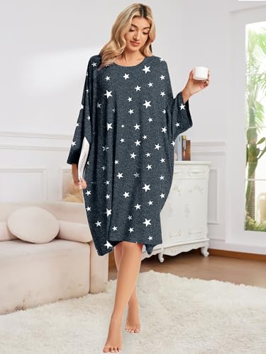 CRIPOM Plus Size Moo Moos for Women Oversized Sleep Shirts with Pockets - color: Grey Star