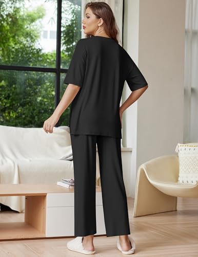 Ekouaer Lounge Sets for Women Soft Comfy Pajama Set 2 Piece Outfits - color: Black, size: Large