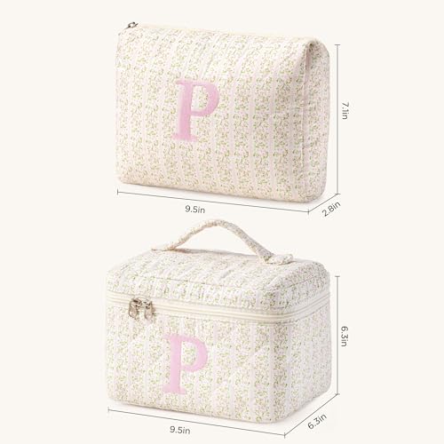 HBselect 2Pcs Initial Makeup Bag Personalized Quilted Cosmetic Bag - color: 2Pcs Pinkflower, style: P