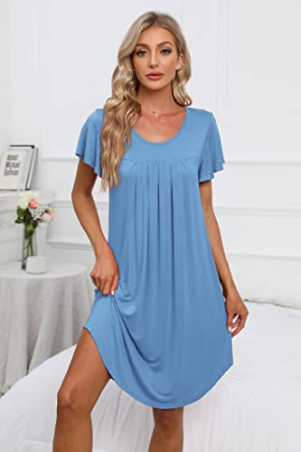 Womens Pleated Front Loose Fit Short Sleeve Nightgowns Sleep Dress - color: A-solid - Baby Blue, size: Large