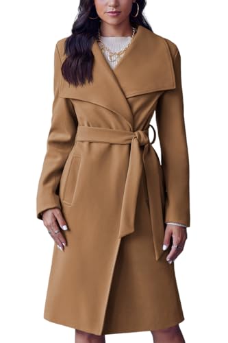 Cicy Bell Women's Pea Trench Coat Lapel Collar Long Jacket Open Front Belted Overcoat with Pockets - color: Brown, size: XX-Large