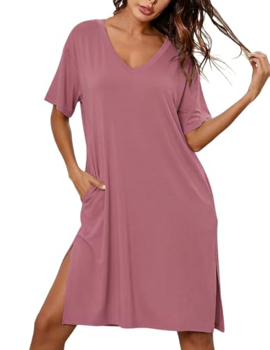Ekouaer Womens Plus Size Nightgown Bamboo Viscose Short Sleeve Sleepshirt - color: Pink, size: X-Large