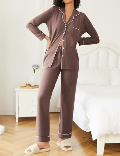 Ekouaer Womens Pajamas Set Button Down Long Sleeve Top & Pants Lounge Sets - color: Brown, size: Medium