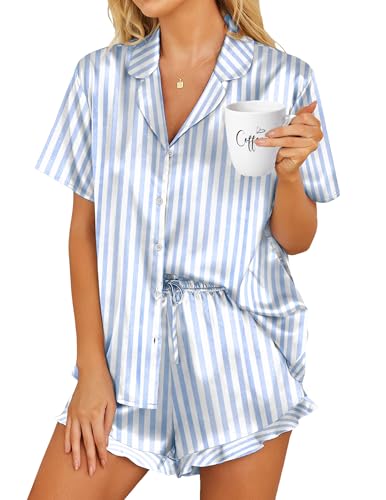 HOTOUCH Womens Satin Pajamas Set Button Down 2 Piece Ruffle Shorts Set - color: Blue Striped, size: Small