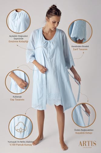 Maternity Nursing Pajama Set Blue Woven Cotton Sleeveless V-Neck Midi Robe and Pants, S - Multiple Options - size: X-Large
