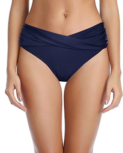 Women Twist Bikini Bottom Full Coverage Ruched Bathing Suit Bottoms - color: Navy Blue, size: XX-Small