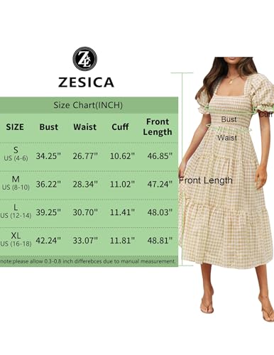 ZESICA Women's Summer Boho Gingham Puff Sleeve Square Neck Beach Midi Dress - color: Beige, size: Medium