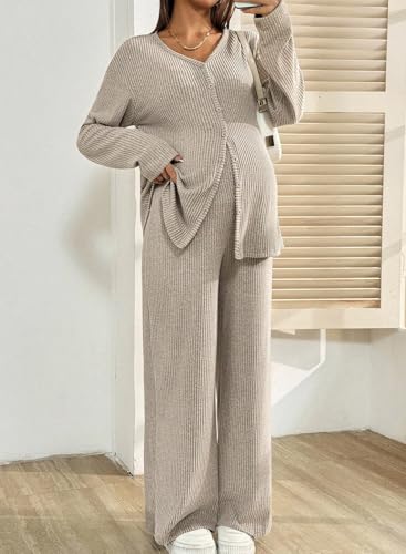 BLENCOT Maternity Lounge Set 2 Piece Long Sleeve Top and Pants with Pockets - color: Apricot, size: Medium