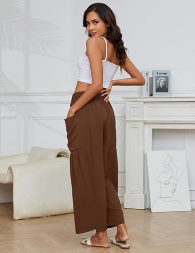 Flygo Women's Flowy Drawstring Wide Leg Pants with Side Pockets - color: Brown, size: Large