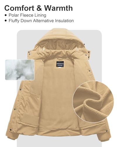 CREATMO US Women's Plus Size Warm Puffer Jacket Waterproof Fleece Lined Winter Coat with Removable Hood - color: Khaki, size: 2X