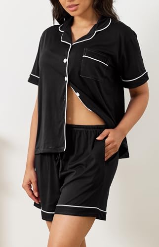 Vopmocld Women Pajama Shorts Sets Cozy 2pcs Button Down Sleepwear Solid PJS - color: Black, size: XX-Large