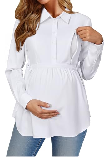 OUGES Women's Maternity Nursing Shirts Long Sleeve Hidden Zippers Pregnancy Blouse Button Down Work Office Tops 2025 - color: White, size: Large