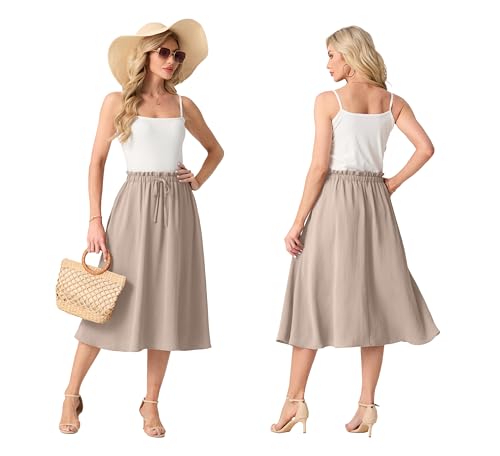 FREEOAK High Waist Skirts for Women Below Knee Casual Flowy Summer Midi Skirts Palazzo A-Line Long Skirt with Pockets - color: A - Apricot, size: 3X-Large