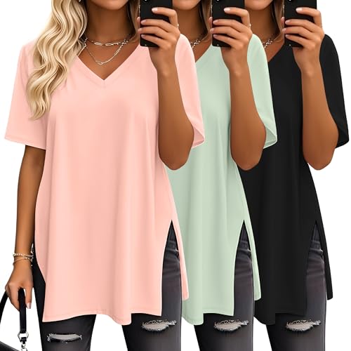 Huukeay 3 Pack Oversized Shirts for Women V Neck - color: Black, Bean Paste Green, Light Orange, size: Small