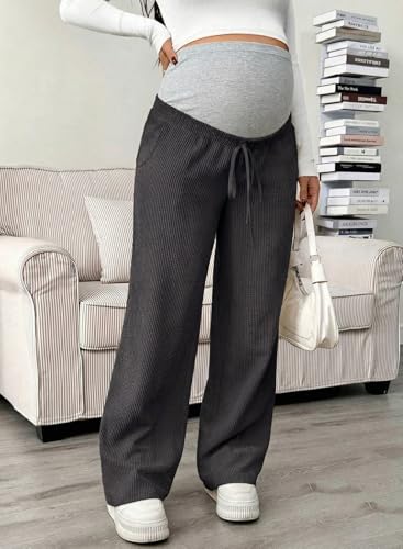 BLENCOT Maternity Pants Over Belly Wide Leg Pregnancy Casual Sweatpants - color: Dark Grey, size: X-Large