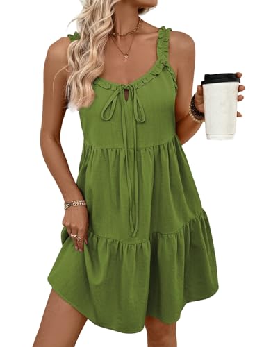 BLENCOT Maternity Dress Sleeveless Tie-Front Ruffle Strap Smocked Tiered Midi Dress with Pockets - color: Green, size: Small