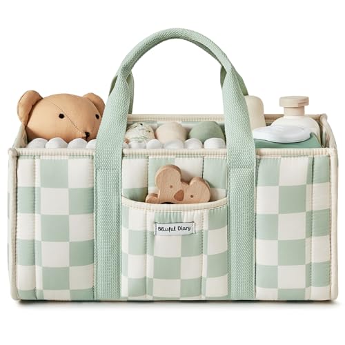 Blissful Diary Checkered Diaper Caddy Organizer, Storage Basket, Sage Green - color: Checkered Sage Green