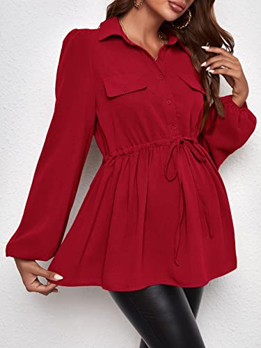 MakeMeChic Women's Maternity Blouse Long Sleeve Belted Button Down Tops - color: Burgundy, size: Medium